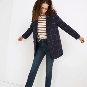 Madewell Larsen windowpane wool blend blazer navy & mocha boxy academia sz M
